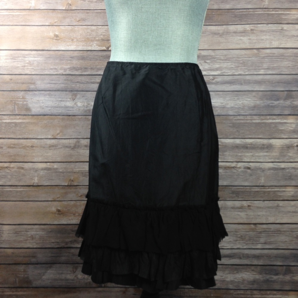 Eileen Fisher Black Side Zip Ruffle Hem Silk Skirt