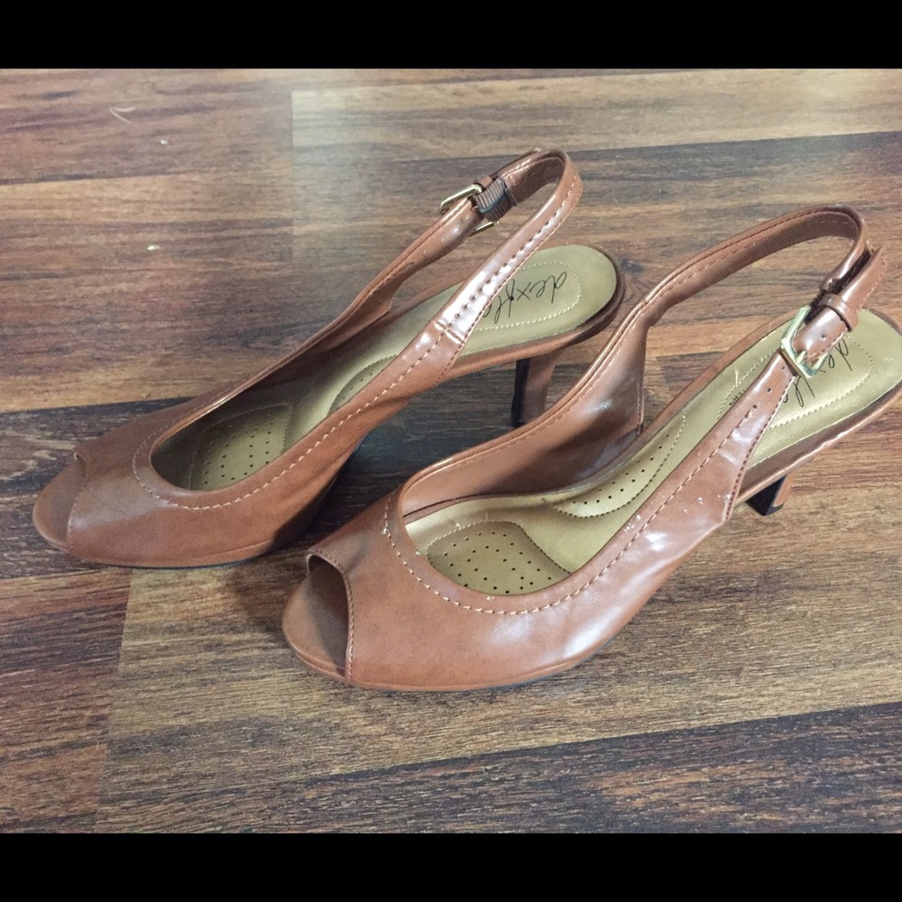 Tan peep-toe sling backs