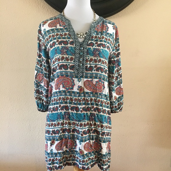 Umgee teal paisley print boho top/tunic - Picture 1 of 8