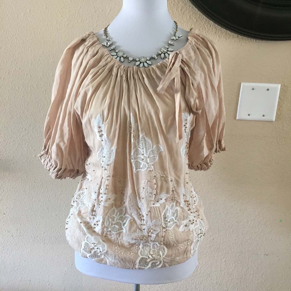 Alberto Makali Cream silk embroidered beaded top