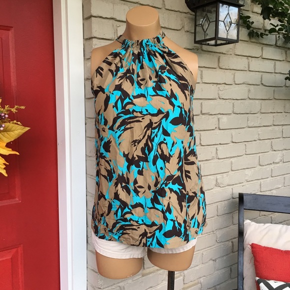 Yvos Tops - Silk turquoise brown high neck sleeveless top