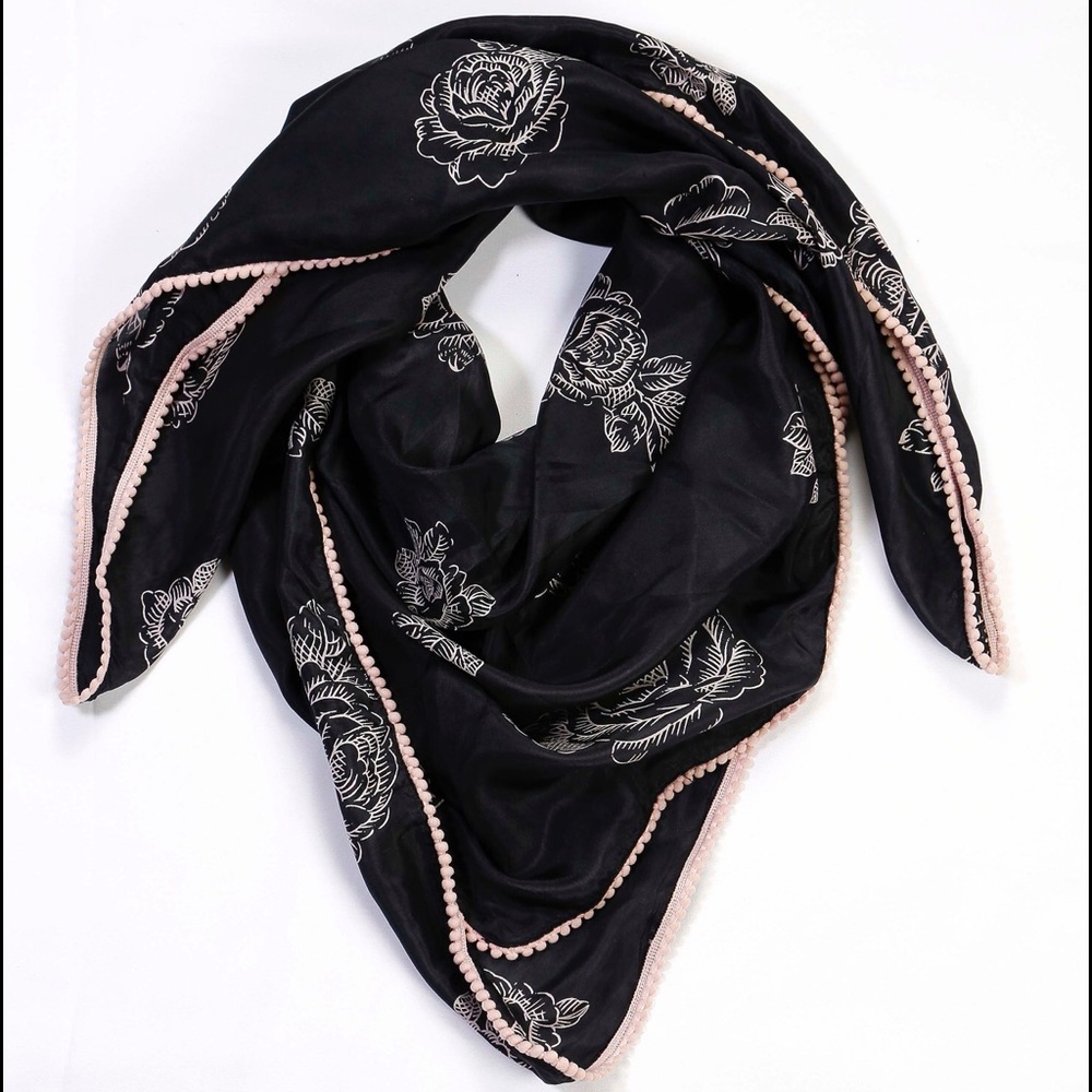 Black Satin Rose Printed Scarf