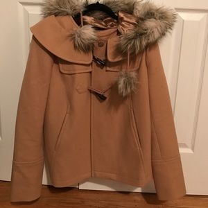 Camel peacoat with detachable hood