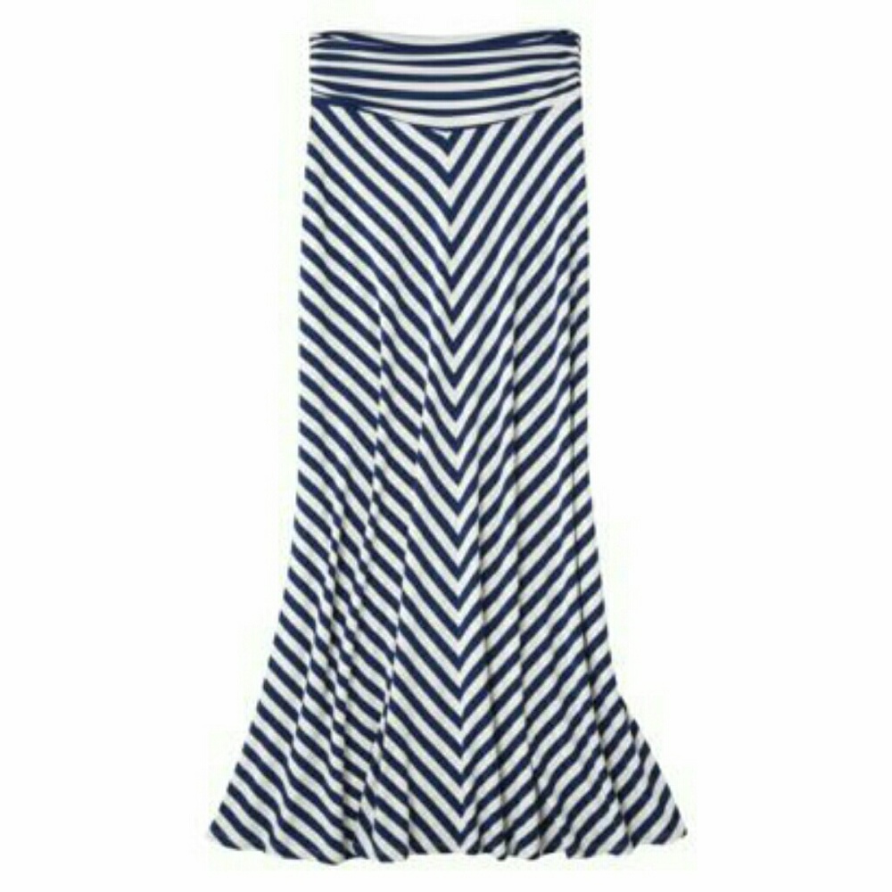 Navy and White Mitered Stripe Maxi Skirt