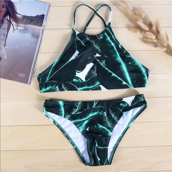 Green Leaf Brazilian Style High Neck Bikini - Picture 2 of 6