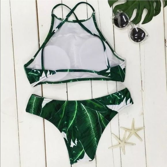 Green Leaf Brazilian Style High Neck Bikini - Picture 3 of 6