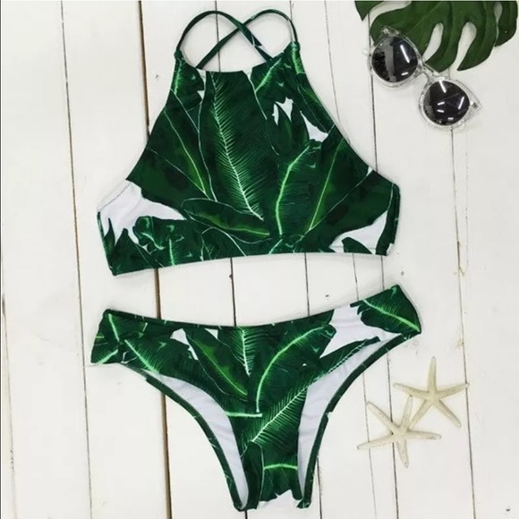 Green Leaf Brazilian Style High Neck Bikini - Picture 5 of 6