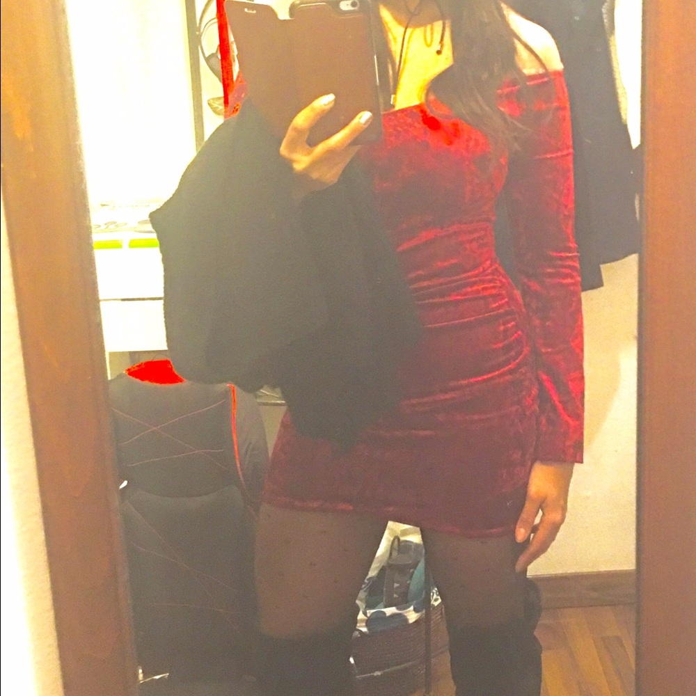 Red distressed velvet off shoulder dress