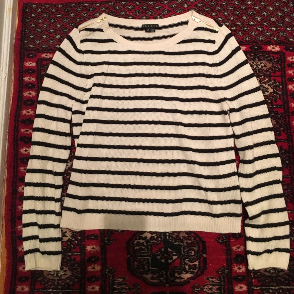 Theory cotton cashmere zip stripe crew sweater