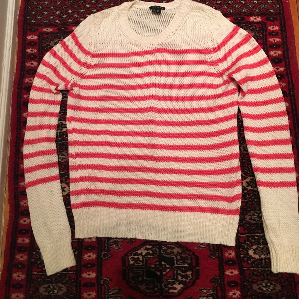 Theory cotton crewneck sweater white coral stripe