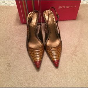 BCBG anaconda print heels