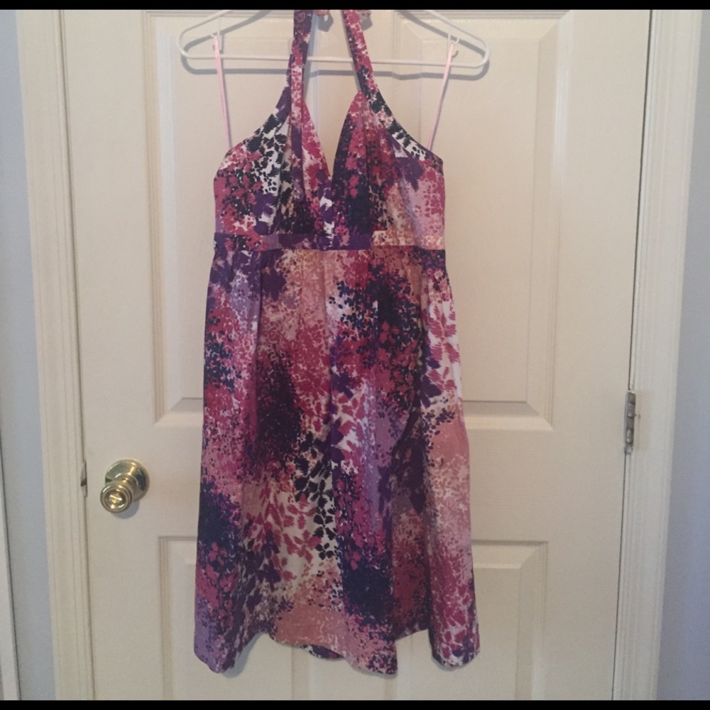 pink/purple print empire waist halter dress