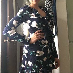 Navy blue floral dress long sleeve with ruffles