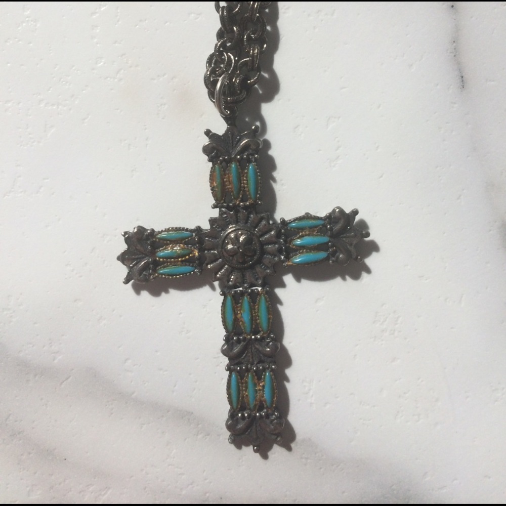 Silver and turquoise cross necklace