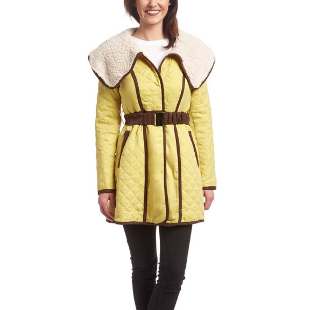 NWT Yellow Faux Shearling Quilted Trench Coat, L