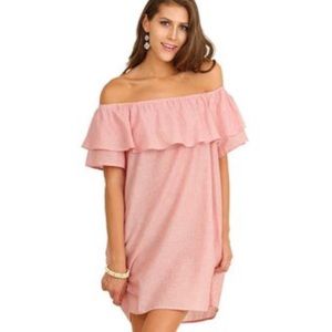 Red & White striped off the shoulder dress.