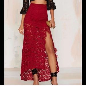 Red lace high low skirt