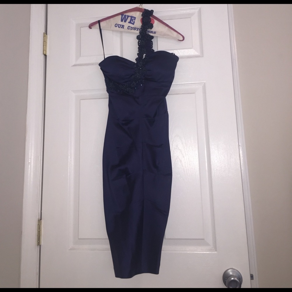 Cache one shoulder blue mini dress