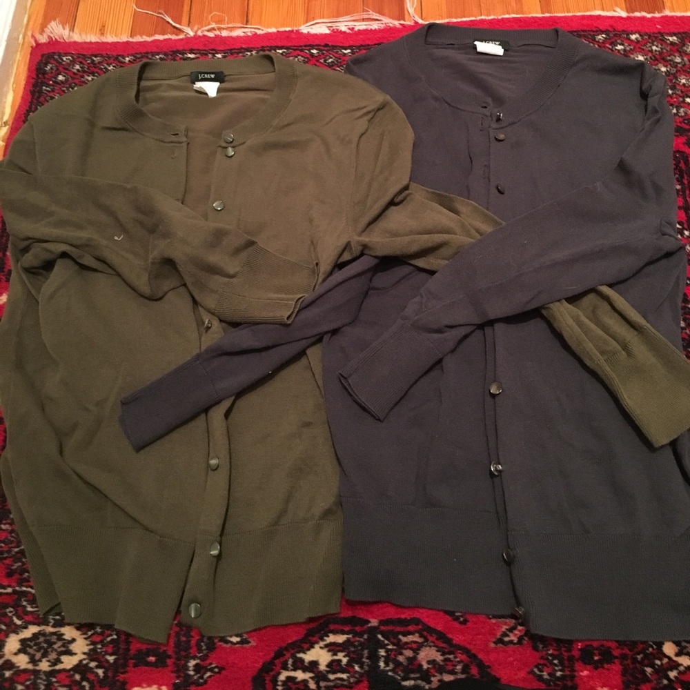 J Crew Jackie cardigans set - olive and gray navy