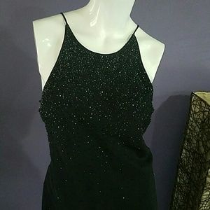Beaded black dress.