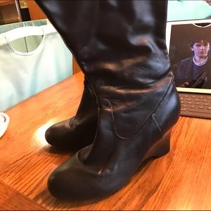 Fit Well Brand Wide Calf black Leather wedge boot