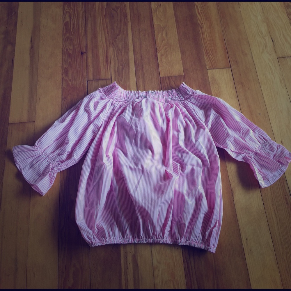 Off the shoulder pink and white stripe top
