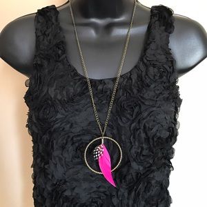 Gold Circle with Pink Feather Necklace