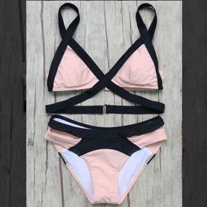 Patchwork Bandage Bikini In pink and black