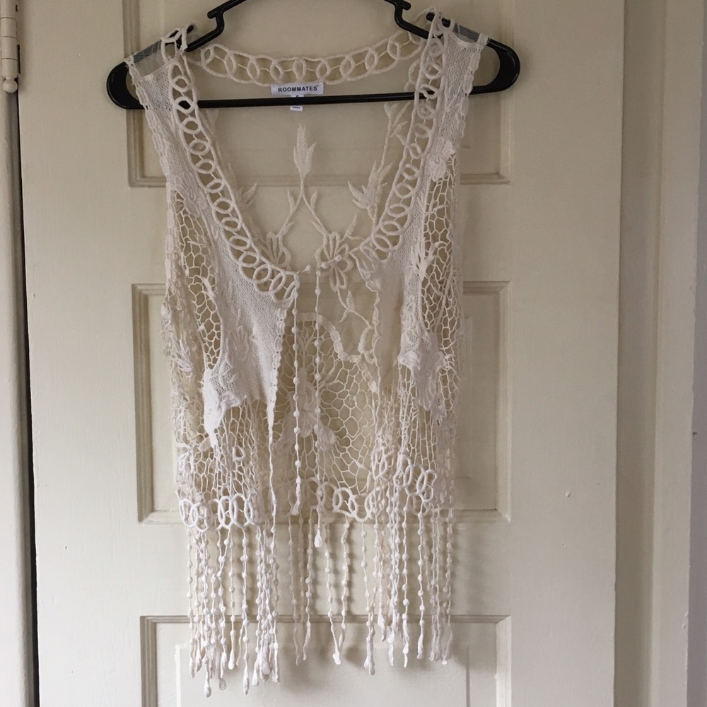 cream colored lace-fringe vest