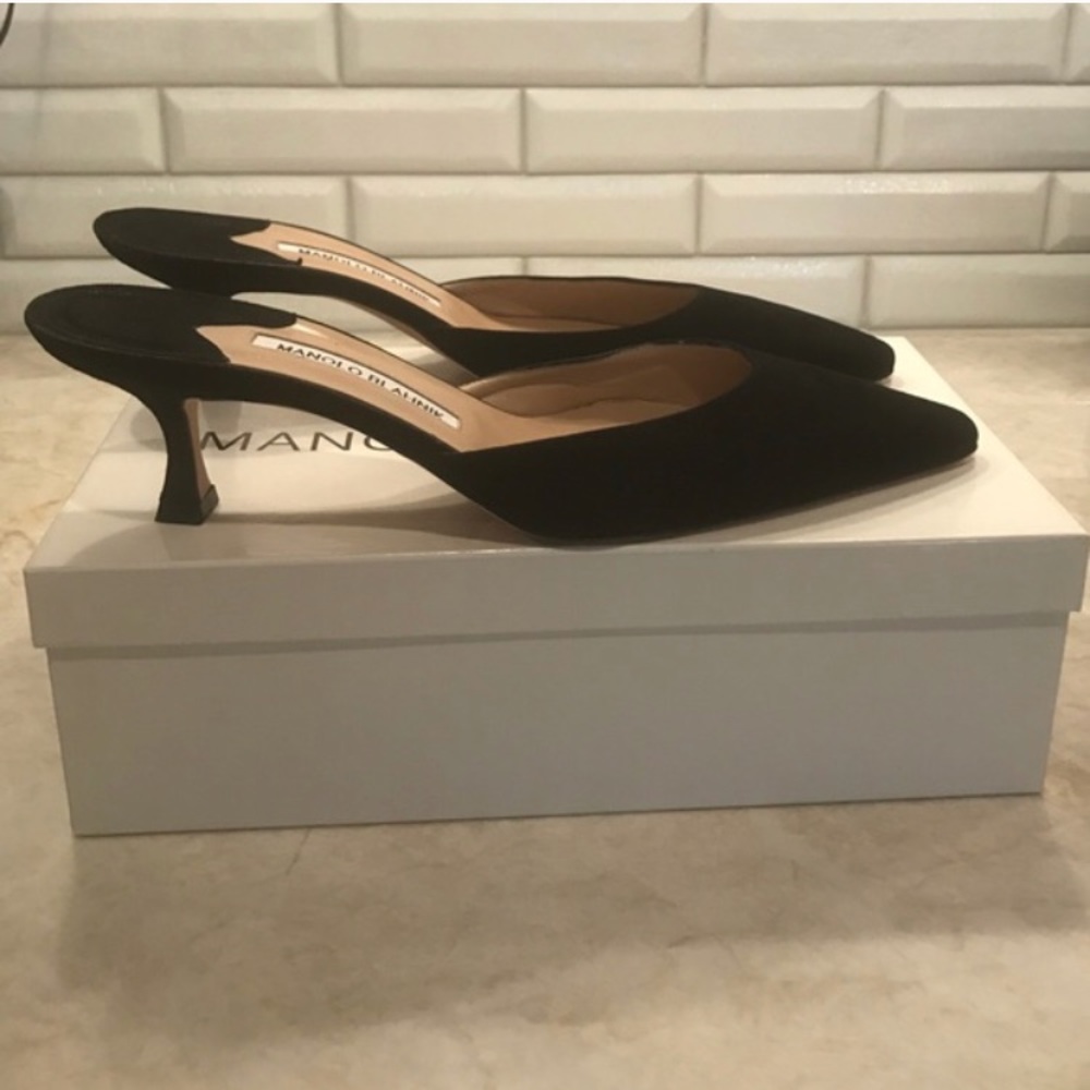 Manolo Blahnik black suede slide point toe pumps