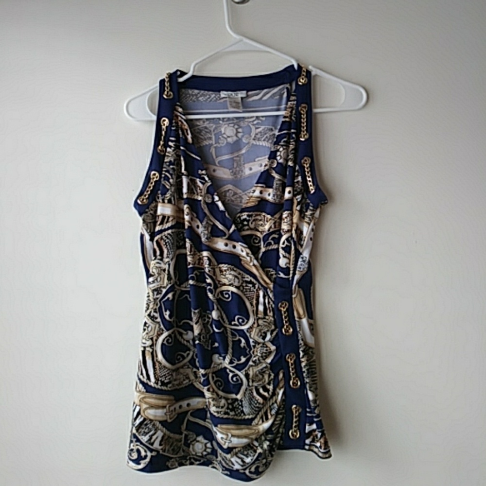 Cache Blue and Gold Printed Top with Gold Chain