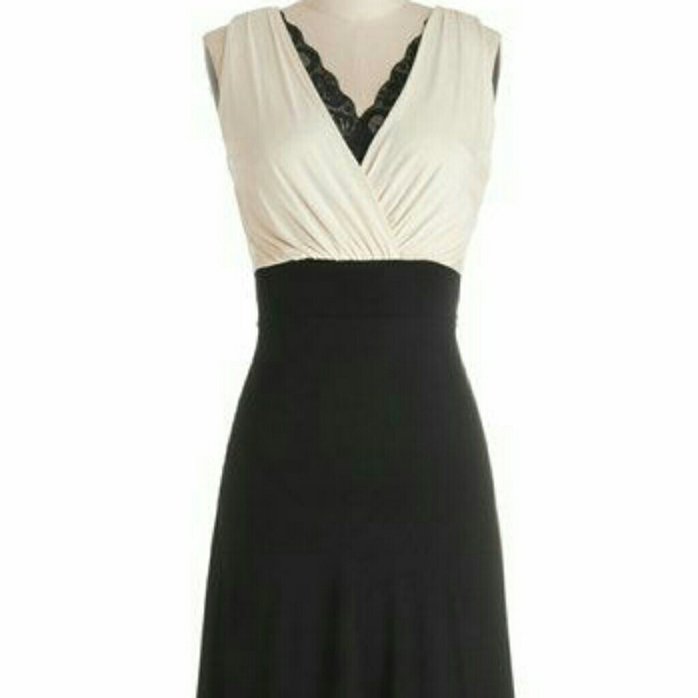 Cute Ivory and Black V Neck ModCloth Dress