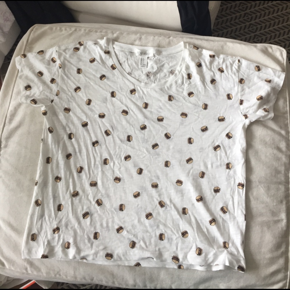 Loose White t-shirt with cheeseburger print.