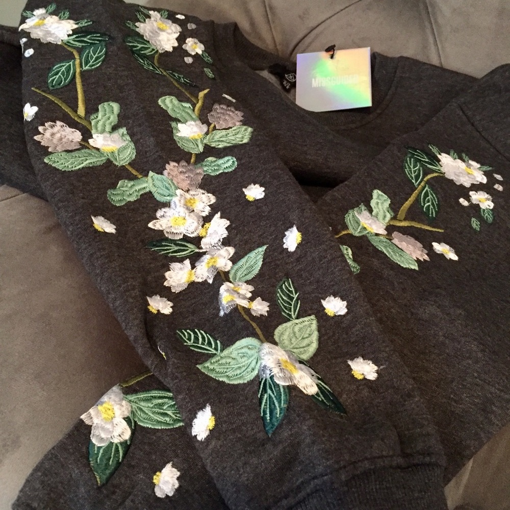 Grey Floral Embroidered Sleeve Sweatshirt