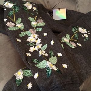 Grey Floral Embroidered Sleeve Sweatshirt