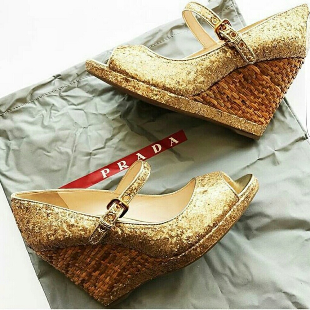 SOLD!!!🍾Prada Gold Glitter Mary Jane Wedge