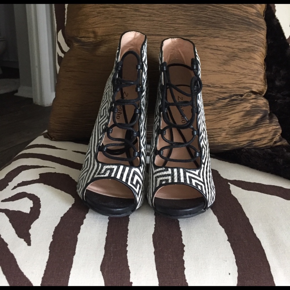Black/white open toed booties..