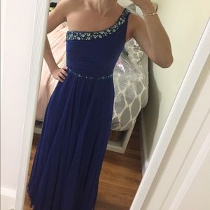 Bcbg one shoulder embellished long dress