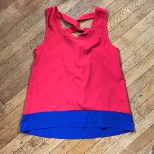 Red and blue flowy top with criss-cross back