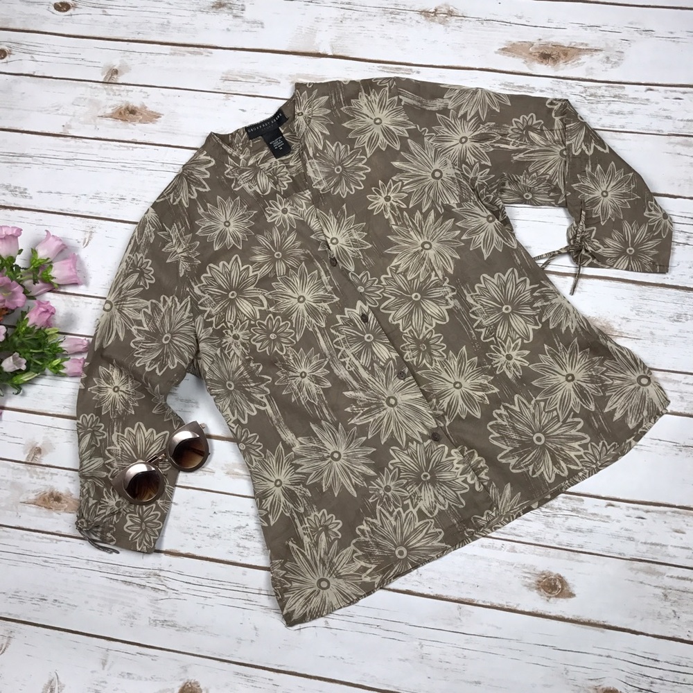 GEOFFREY BEENE Taupe Daisy Button Down Blouse, 14