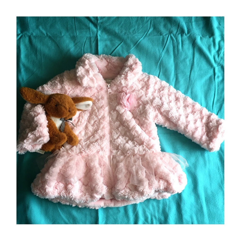 Pink faux fur peplum coat with tulle detailing