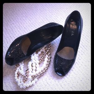 Vintage PRADA black snakeskin peep toe heels!