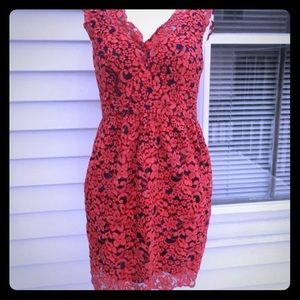 Shoshanna Anthropology Red Lace Dress Navy Lining