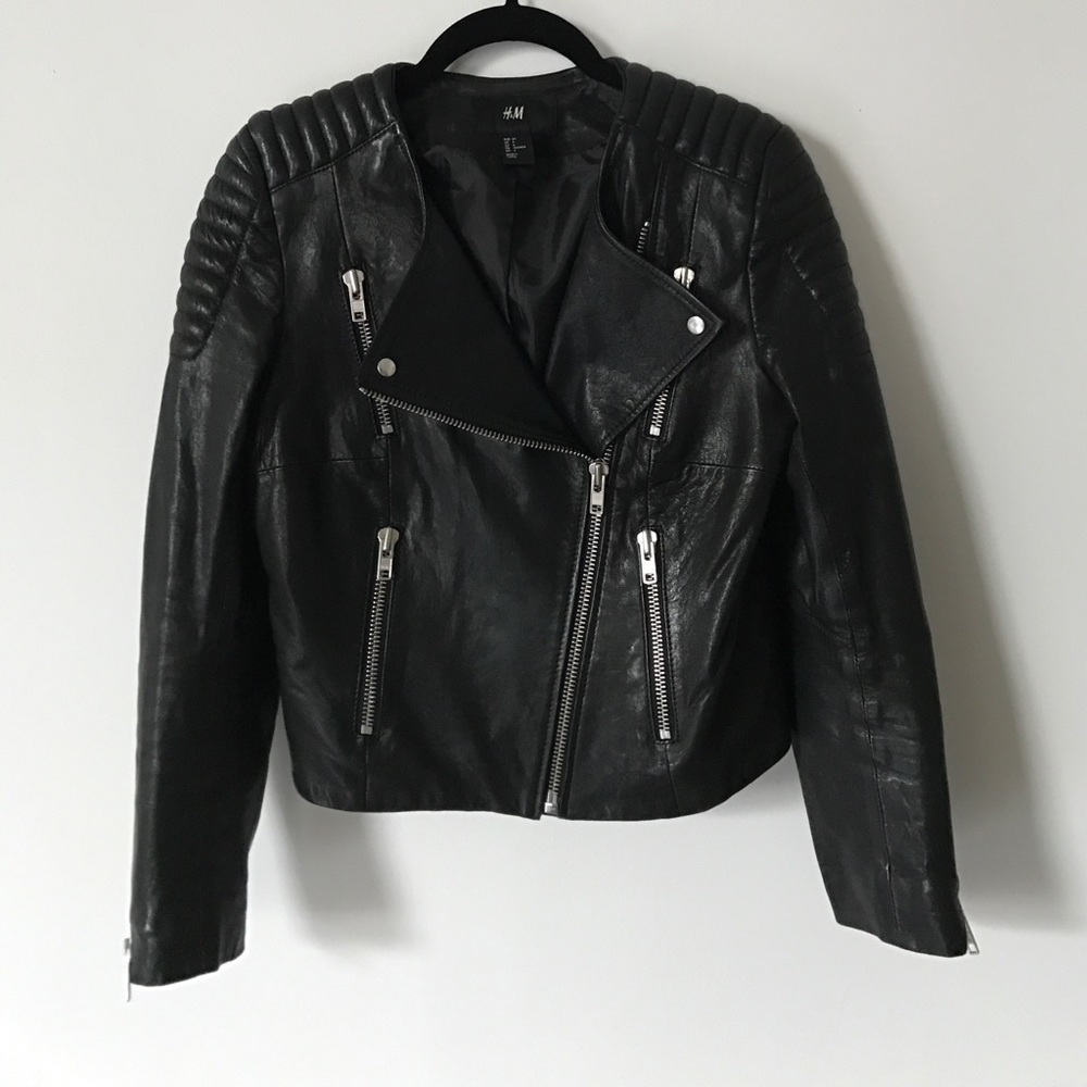 H&M leather moto jacket with ribbed detailing
