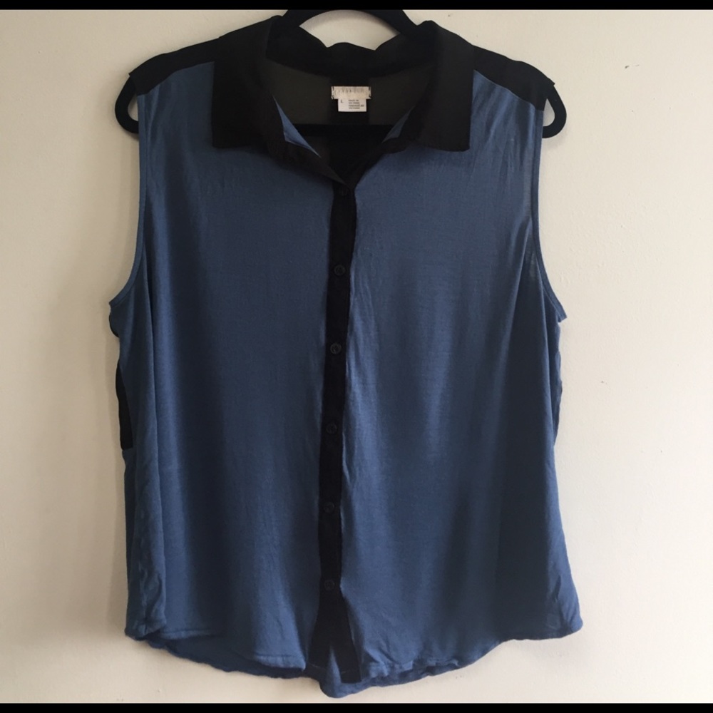 Button down blue and black top with sheer back