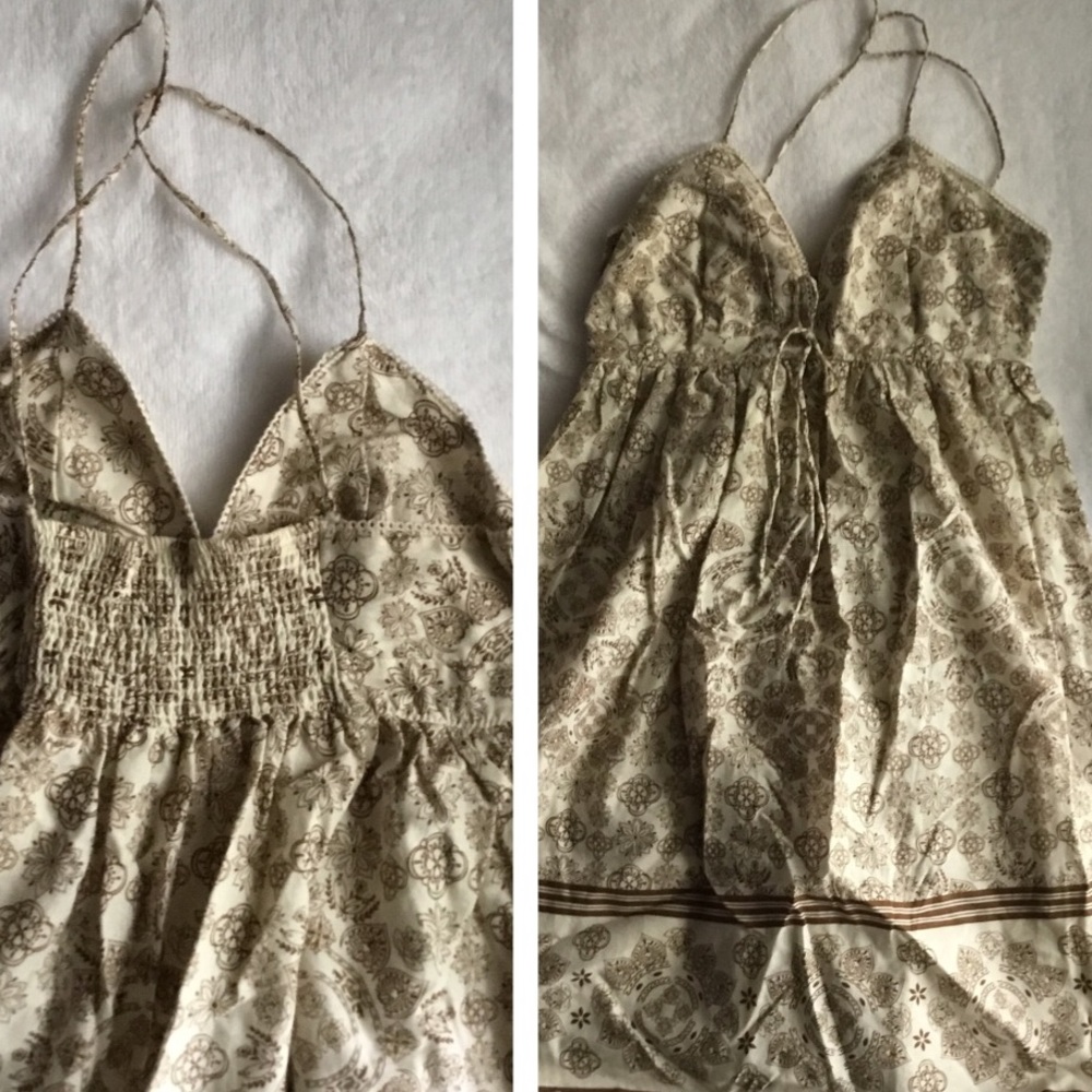 Lei Halter Boho Cream and Brown Midi Dress M