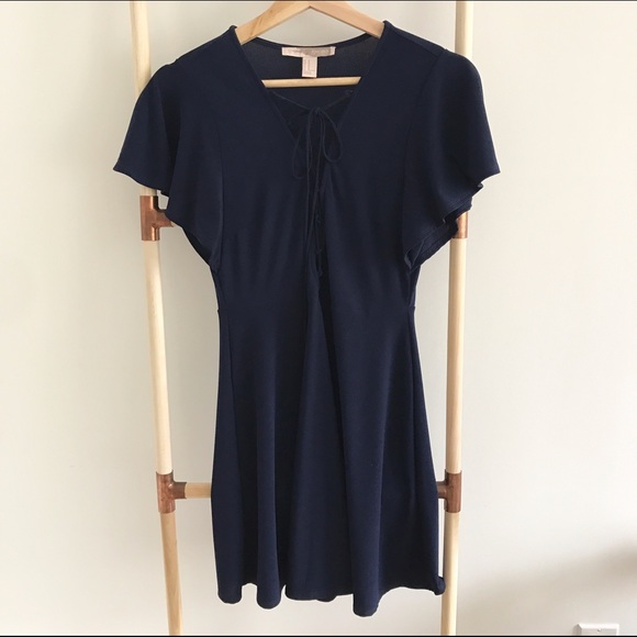 Navy Lace Up Deep V Dress - Picture 1 of 2