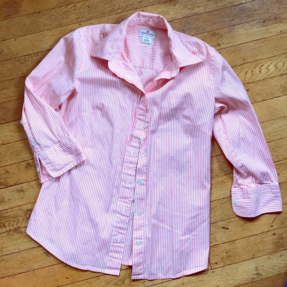 Orange coral striped J Crew buttondown, 3/4 sleeve