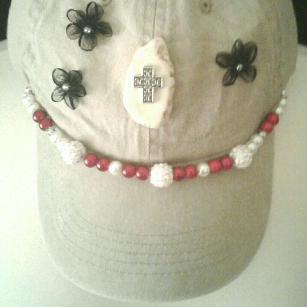 Tan Cap for Women Decorated with Beads, Flowers