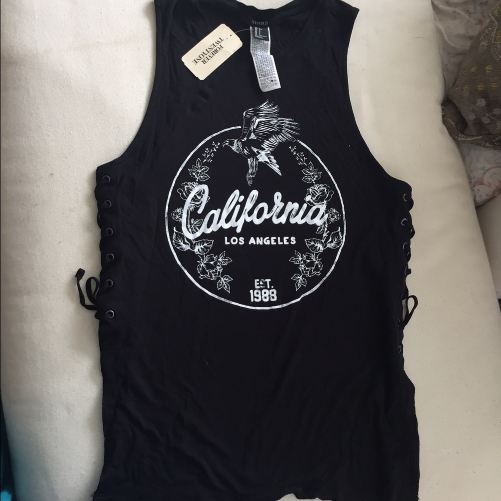 Black tank with lace up sides California print